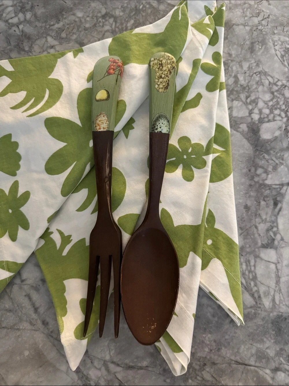 Vintage Green and Brown Wooden Salad Serving Utensil Set